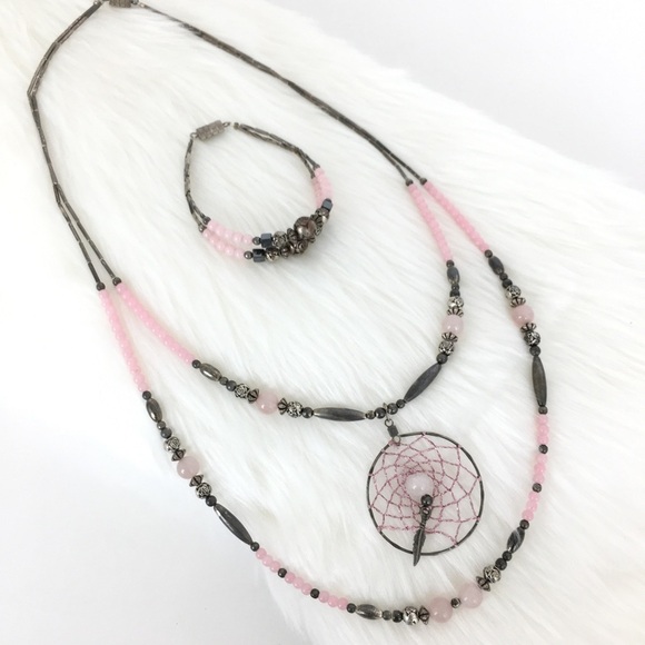 Rose Quarts Native Dream Catcher Beaded Necklace Double Strand Matching Bracelet - Picture 1 of 11